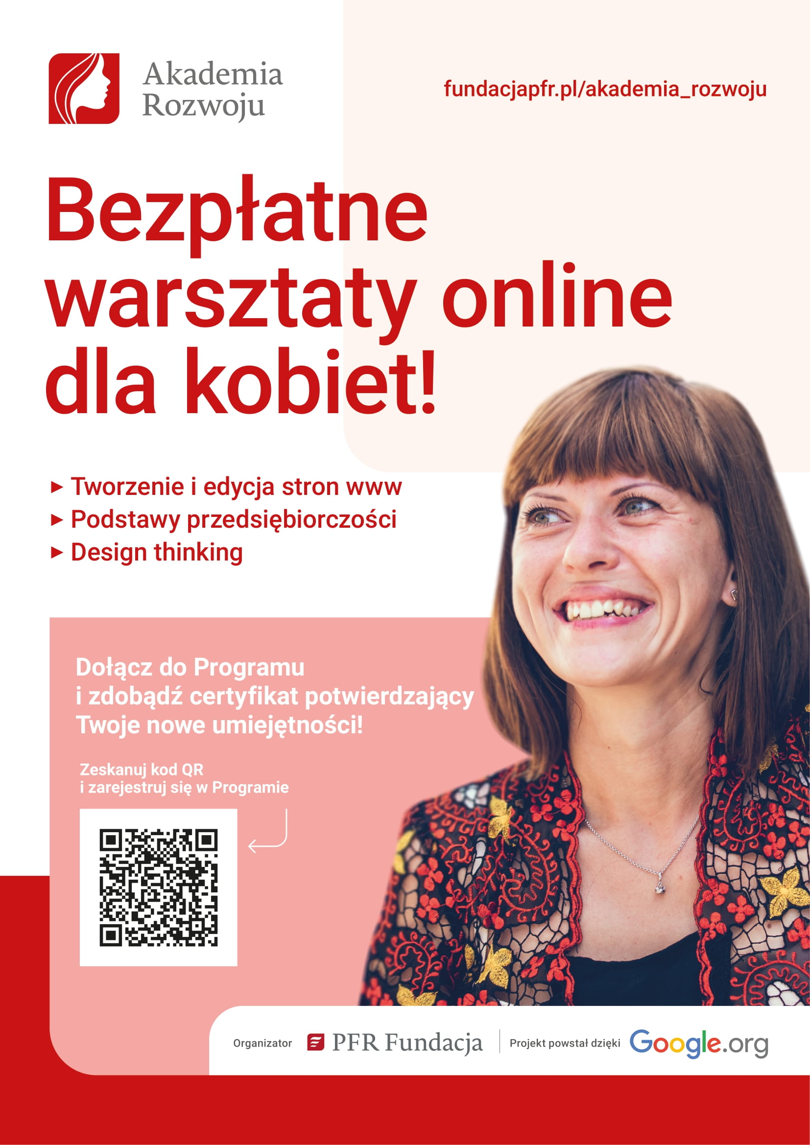 Plakat promujący bezpłatne warsztaty online dla kobiet