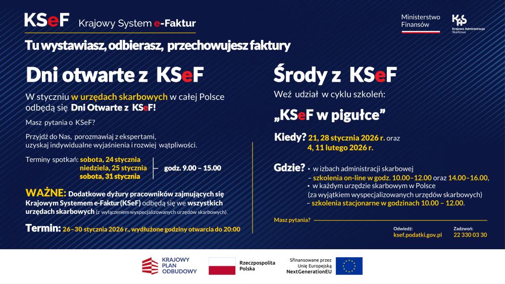 Plakat - Informacja o wydłużonych godzinach pracy oraz dniach otwartych w Urzędzie Skarbowym w Olecku.